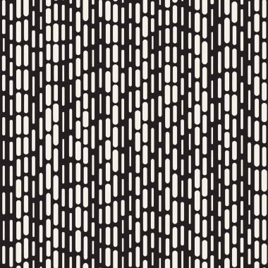 Siyah ve beyaz düzensiz kesik çizgiler desen yuvarlanır. Modern soyut vektör sorunsuz arka plan. Şık kaotik dikdörtgen çizgili Mosai