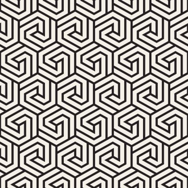 Vektörsüz çizgili desen. Monokrom sarmallı modern stil dokusu. Geometrik altıgen ızgara tekrarlanıyor. Basit kafes grafik tasarımı.