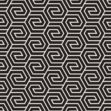 Vektörsüz çizgili desen. Monokrom sarmallı modern stil dokusu. Geometrik altıgen ızgara tekrarlanıyor. Basit kafes grafik tasarımı.