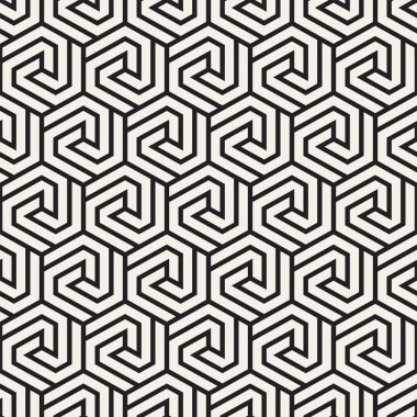Vektörsüz çizgili desen. Monokrom sarmallı modern stil dokusu. Geometrik altıgen ızgara tekrarlanıyor. Basit kafes grafik tasarımı.