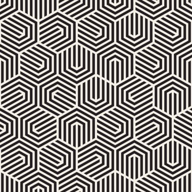 Vektörsüz çizgili desen. Monokrom sarmallı modern stil dokusu. Geometrik altıgen ızgara tekrarlanıyor. Basit kafes grafik tasarımı.