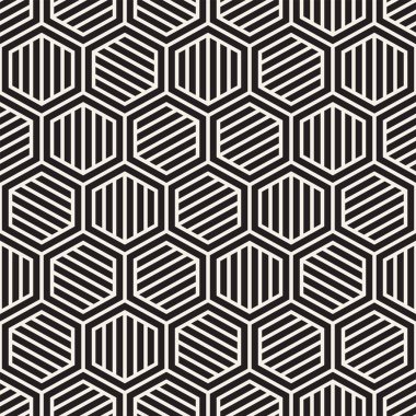Vektörsüz çizgili desen. Monokrom sarmallı modern stil dokusu. Geometrik altıgen ızgara tekrarlanıyor. Basit kafes grafik tasarımı.