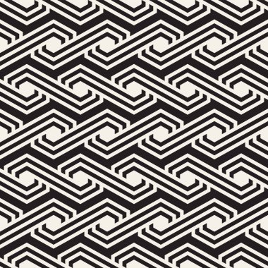 Vektörsüz çizgili desen. Monokrom sarmallı modern stil dokusu. Geometrik altıgen ızgara tekrarlanıyor. Basit kafes grafik tasarımı.