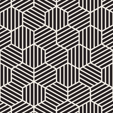 Vektörsüz çizgili desen. Monokrom sarmallı modern stil dokusu. Geometrik altıgen ızgara tekrarlanıyor. Basit kafes tasarımı.
