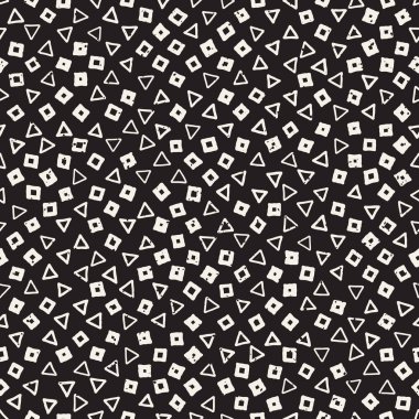 El çekilmiş siyah beyaz mürekkep soyut seamless modeli. Vektör şık grunge doku. Tek renkli geometrik dağınık şekiller