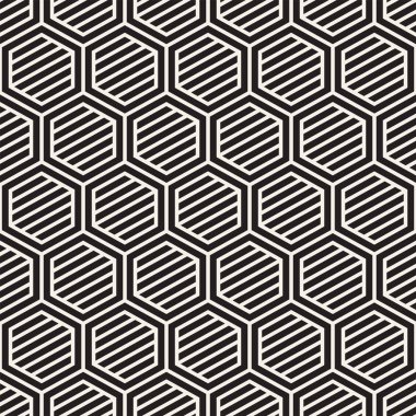 Vektörsüz çizgili desen. Monokrom sarmallı modern stil dokusu. Geometrik altıgen ızgara tekrarlanıyor. Basit kafes tasarımı.