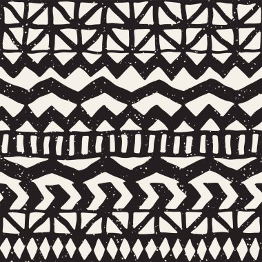 Dikişsiz desen etnik ve kabile. Elle çizilmiş süs şeritler. Siyah beyaz yazdırma. Vektör geometrik arka plan.