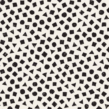 El çekilmiş siyah beyaz mürekkep soyut seamless modeli. Vektör şık grunge doku. Tek renkli geometrik dağınık şekiller