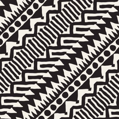 Dikişsiz desen etnik ve kabile. Elle çizilmiş süs şeritler. Siyah beyaz yazdırma. Vektör geometrik arka plan.