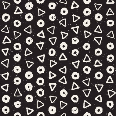 El çekilmiş siyah beyaz mürekkep soyut seamless modeli. Vektör şık grunge doku. Tek renkli geometrik dağınık şekiller