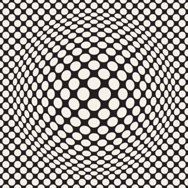 Yarı ton davul gibi şişmiş etkisi optik yanılsama. Geometrik arka plan tasarlamak. Vektör Dikişsiz retro siyah-beyaz desen.