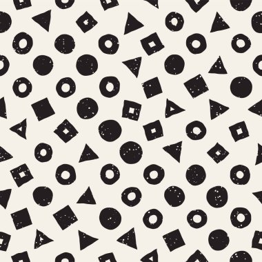 El çekilmiş siyah beyaz mürekkep soyut seamless modeli. Vektör şık grunge doku. Tek renkli geometrik dağınık şekiller