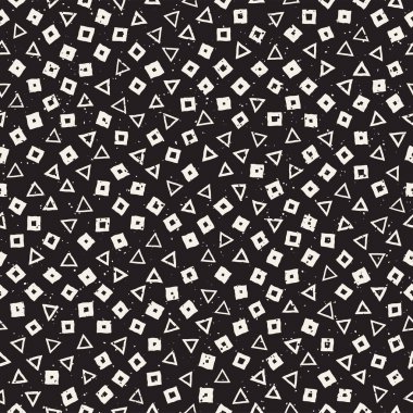 El çekilmiş siyah beyaz mürekkep soyut seamless modeli. Vektör şık grunge doku. Tek renkli geometrik dağınık şekiller