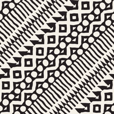 Dikişsiz desen etnik ve kabile. Elle çizilmiş süs şeritler. Siyah beyaz yazdırma. Vektör geometrik arka plan.