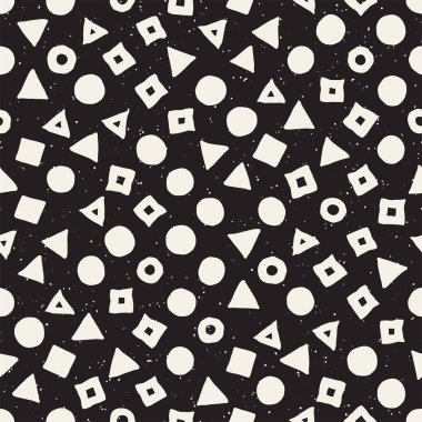 El çekilmiş siyah beyaz mürekkep soyut seamless modeli. Vektör şık grunge doku. Tek renkli geometrik dağınık şekiller