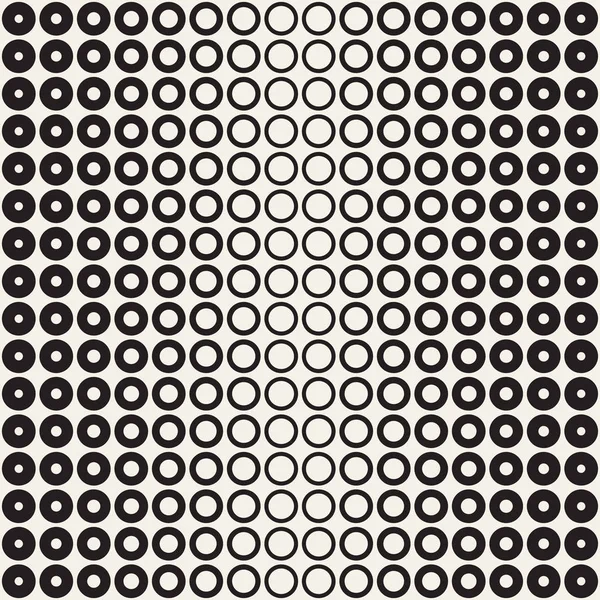 Cirklar vektor sömlös halvtonsmönster. Abstrakta geometriska textur med storlek gradering av ringar. Tonad övergång effekt bakgrund, — Stock vektor