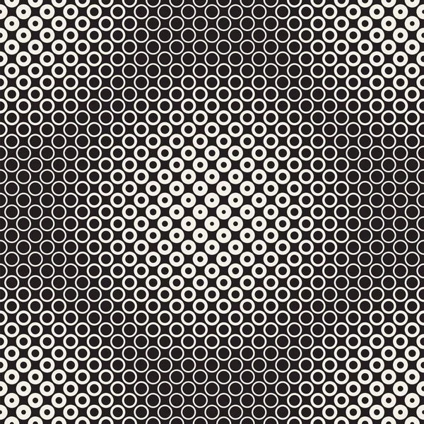 Halbtonkreise vektorloses Muster. abstrakte geometrische Textur mit Größenabstufung der Ringe. Hintergrund des Gradient-Übergangseffekts, — Stockvektor
