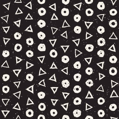 El çekilmiş siyah beyaz mürekkep soyut seamless modeli. Vektör şık grunge doku. Tek renkli geometrik dağınık şekiller