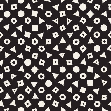 El çekilmiş siyah beyaz mürekkep soyut seamless modeli. Vektör şık grunge doku. Dağınık geometrik şekiller boya fırça satırları