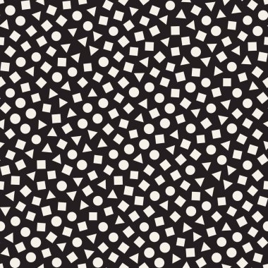 Kusursuz kaotik şablonlar. Rastgele dağılmış geometrik şekiller. Soyut retro arkaplan tasarımı