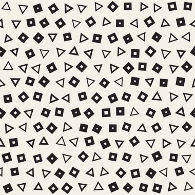 Kusursuz kaotik şablonlar. Rastgele dağılmış geometrik şekiller. Soyut retro arkaplan tasarımı