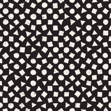 El çekilmiş siyah beyaz mürekkep soyut seamless modeli. Vektör şık grunge doku. Dağınık geometrik şekiller boya fırça satırları