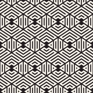 Vektörsüz çizgili desen. Monokrom sarmallı modern stil dokusu. Geometrik altıgen ızgara tekrarlanıyor. Basit kafes tasarımı.