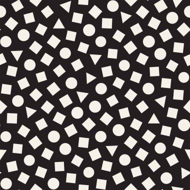 Kusursuz kaotik şablonlar. Rastgele dağılmış geometrik şekiller. Soyut retro arkaplan tasarımı