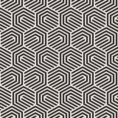 Vektörsüz çizgili desen. Monokrom sarmallı modern stil dokusu. Geometrik altıgen ızgara tekrarlanıyor. Basit kafes tasarımı.