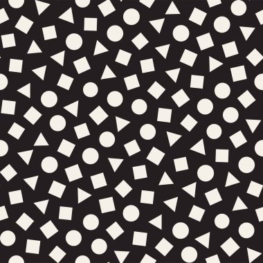 Kusursuz kaotik şablonlar. Rastgele dağılmış geometrik şekiller. Soyut retro arkaplan tasarımı