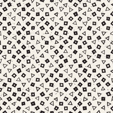 El çekilmiş siyah beyaz mürekkep soyut seamless modeli. Vektör şık grunge doku. Dağınık geometrik şekiller boya fırça satırları