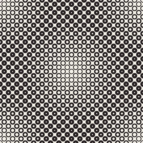 Motif sans couture de cercles de demi-teinte vectoriel. Texture géométrique abstraite avec gradation de la taille des anneaux. Effet de transition de gradient fond , — Image vectorielle