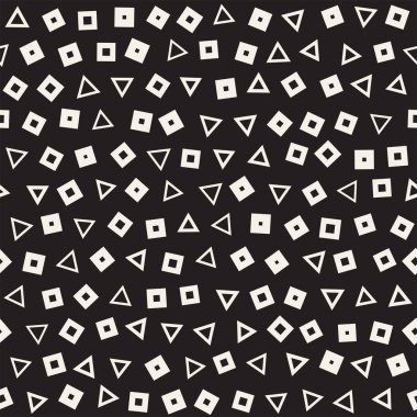 Kusursuz kaotik şablonlar. Rastgele dağılmış geometrik şekiller. Soyut retro arkaplan tasarımı