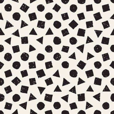 El çekilmiş siyah beyaz mürekkep soyut seamless modeli. Vektör şık grunge doku. Dağınık geometrik şekiller boya fırça satırları