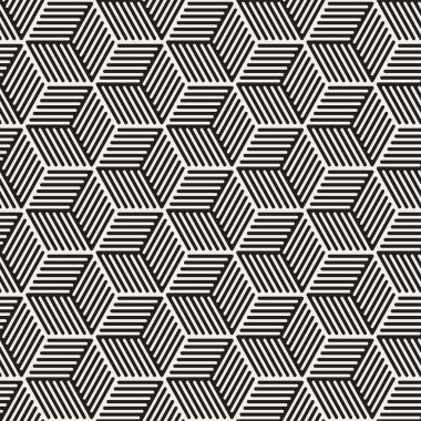 Vektörsüz çizgili desen. Monokrom sarmallı modern stil dokusu. Geometrik altıgen ızgara tekrarlanıyor. Basit kafes tasarımı.