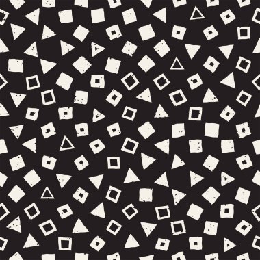 El çekilmiş siyah beyaz mürekkep soyut seamless modeli. Vektör şık grunge doku. Dağınık geometrik şekiller boya fırça satırları