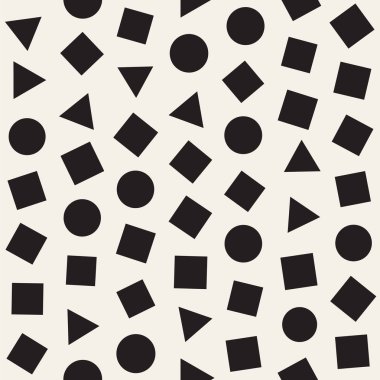 Kusursuz kaotik şablonlar. Rastgele dağılmış geometrik şekiller. Soyut retro arkaplan tasarımı