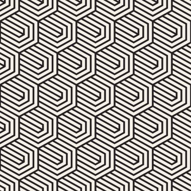 Vektörsüz çizgili desen. Monokrom sarmallı modern stil dokusu. Geometrik altıgen ızgara tekrarlanıyor. Basit kafes tasarımı.