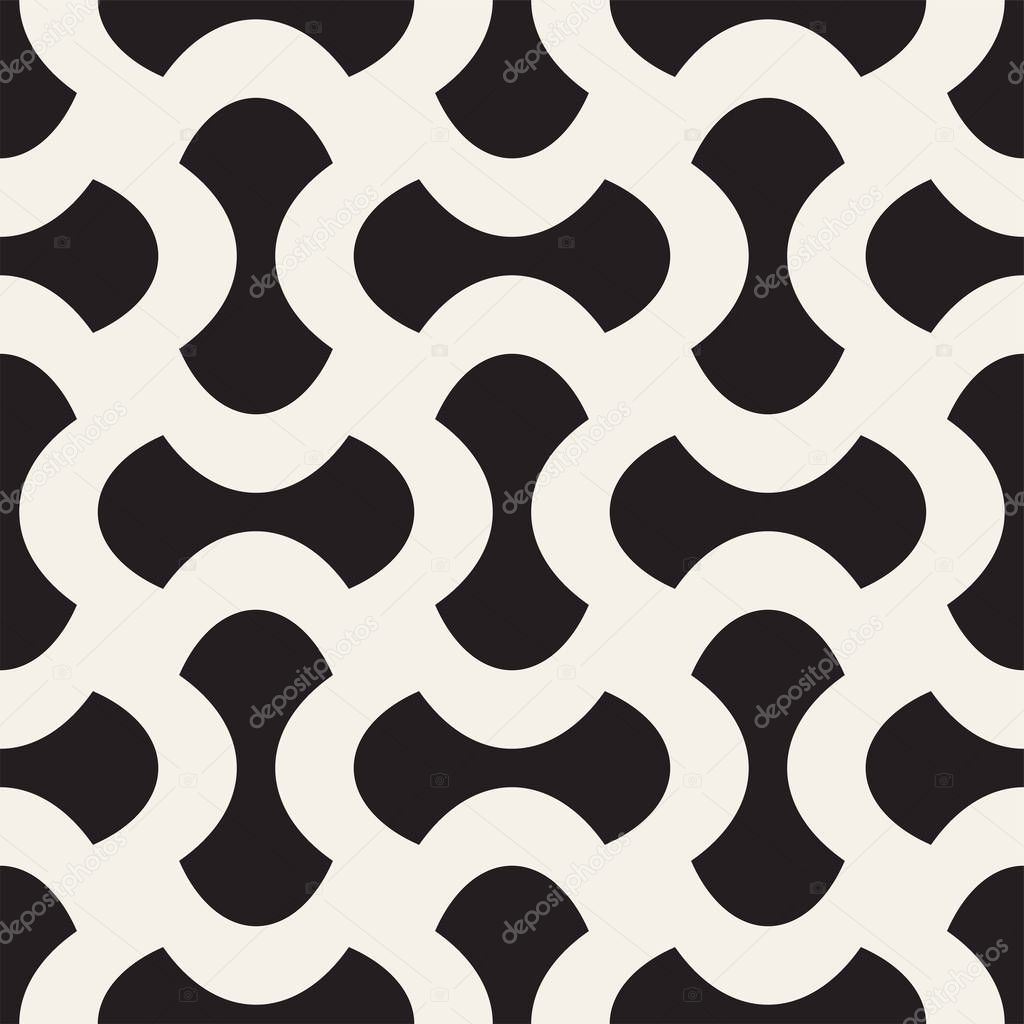 Vector geometric seamless pattern with curved shapes grid. Abstract monochrome rounded lattice texture. Modern textile background design