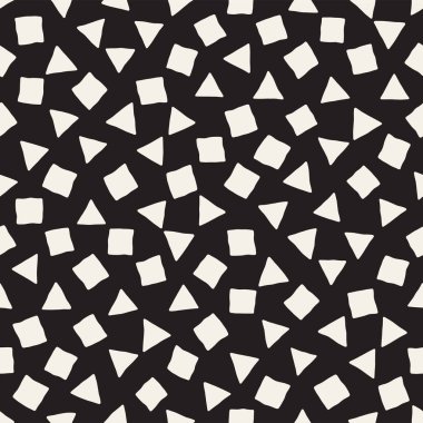 El çekilmiş siyah beyaz mürekkep soyut seamless modeli. Vektör şık grunge doku. Dağınık geometrik şekiller boya fırça satırları