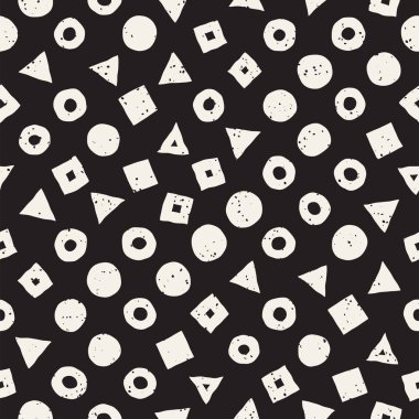 El çekilmiş siyah beyaz mürekkep soyut seamless modeli. Vektör şık grunge doku. Dağınık geometrik şekiller boya fırça satırları