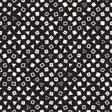 El çekilmiş siyah beyaz mürekkep soyut seamless modeli. Vektör şık grunge doku. Dağınık geometrik şekiller boya fırça satırları