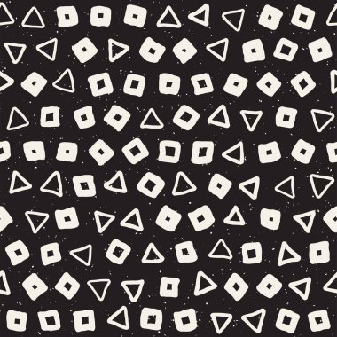 El çekilmiş siyah beyaz mürekkep soyut seamless modeli. Vektör şık grunge doku. Dağınık geometrik şekiller boya fırça satırları