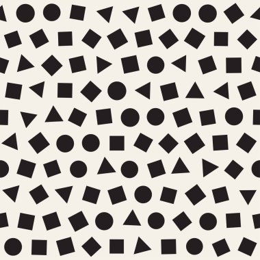 Kusursuz kaotik şablonlar. Rastgele dağılmış geometrik şekiller. Soyut retro arkaplan tasarımı