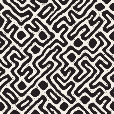 Vektör sorunsuz siyah ve beyaz düzensiz labirent desen yuvarlanır. Arka plan soyut el çekilmiş
