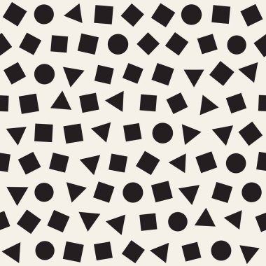 Kusursuz kaotik şablonlar. Rastgele dağılmış geometrik şekiller. Soyut retro arkaplan tasarımı