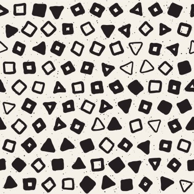 El çekilmiş siyah beyaz mürekkep soyut seamless modeli. Vektör şık grunge doku. Dağınık geometrik şekiller boya fırça satırları