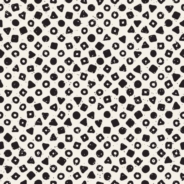 El çekilmiş siyah beyaz mürekkep soyut seamless modeli. Vektör şık grunge doku. Dağınık geometrik şekiller boya fırça satırları