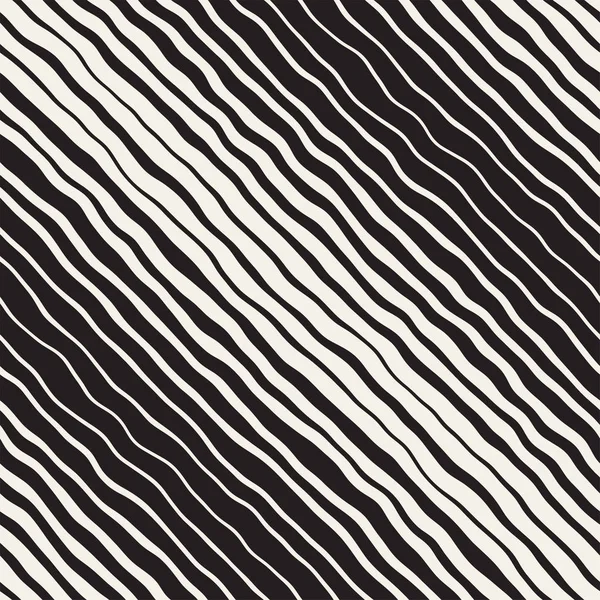 Padrão de linhas onduladas diagonais desenhadas à mão preto e branco sem costura vetorial. Design de fundo Freehand abstrato — Vetor de Stock