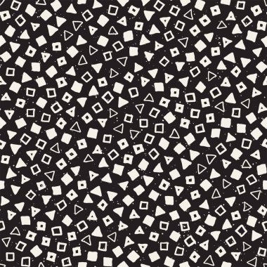El çekilmiş siyah beyaz mürekkep soyut seamless modeli. Vektör şık grunge doku. Dağınık geometrik şekiller boya fırça satırları